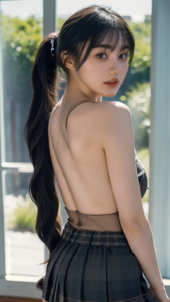 masterpiece, best quality, (realistic, photo-realistic:1.4), (RAW photo:1.2), extremely detailed CG unity 8k wallpaper, an extremely delicate and beautiful, amazing, finely detail, official art, absurdres, incredibly absurdres, huge filesize, ultra-detailed, extremely detailed, beautiful detailed girl, extremely detailed eyes and face, beautiful detailed eyes, light on face, 1girl, long hair, ((ponytail)), solo, cute, looking at viewer, (perfect female figure), slim waist, full body, large breasts, standing, , microskirt, miniskirt, plaid skirt, navel, midriff, sleeveless shirt, bare arms, bangs, school, classroom, ulzzang-6500-v1.1