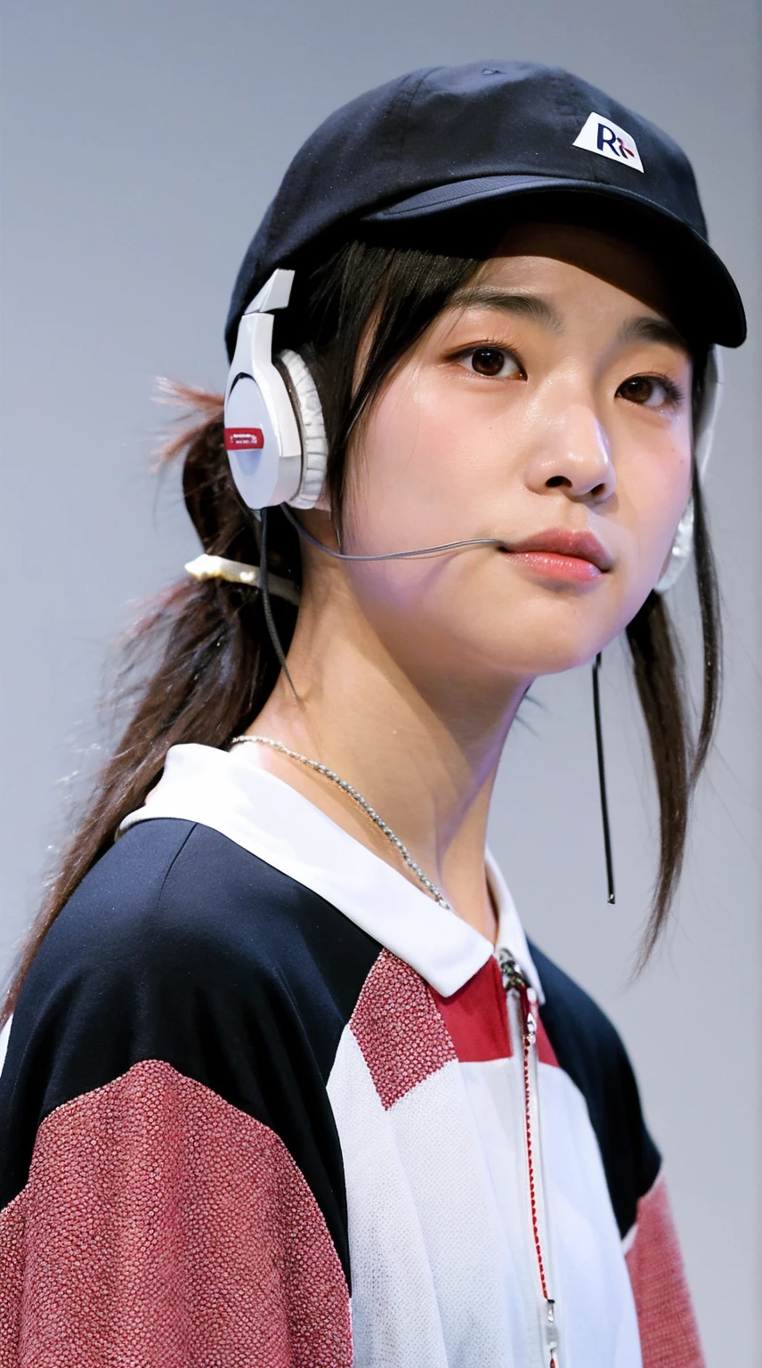 A handsome Japanese 20-year-old girl with a cap on her head ，headphones around her neck , half-length photo, facing the audience directly, symmetrical facial close-up, facing the audience head-on, wearing modern and stylish sportswear, art clothes, pearls, H. R. Giger, white background
