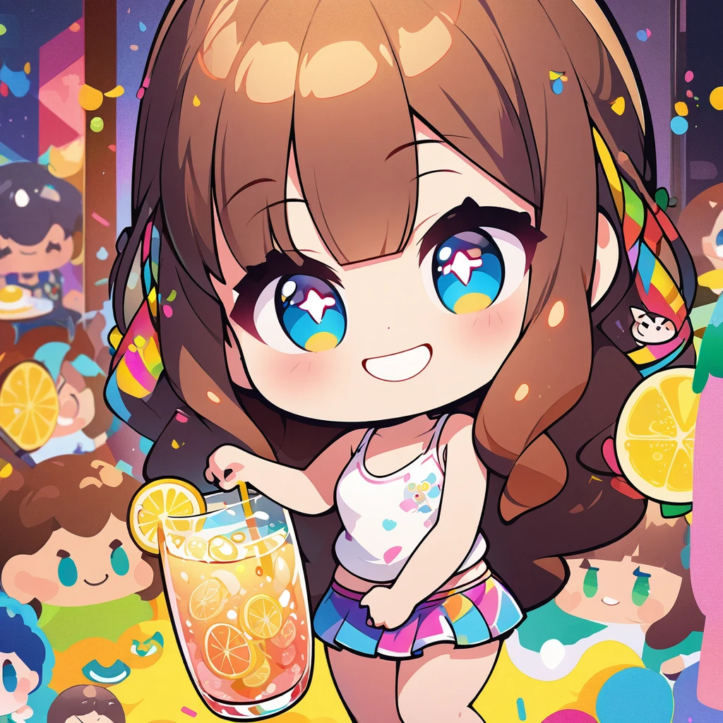 masterpiece、Highest quality、Depth of subject、2D illustration、1 beautiful girl、独奏, (((chibi style)))、Long, beautiful hair、shiny brown hair、cute、Beautifully detailed eyes、((Tank top))、a glass of lemon soda, ((colorful))、mini skirt、((happy smile))、((close up shot))、((in the room))、((There's a lot of pink around))、Thighs、((vivid color))、sparkle、((Lens flare))、