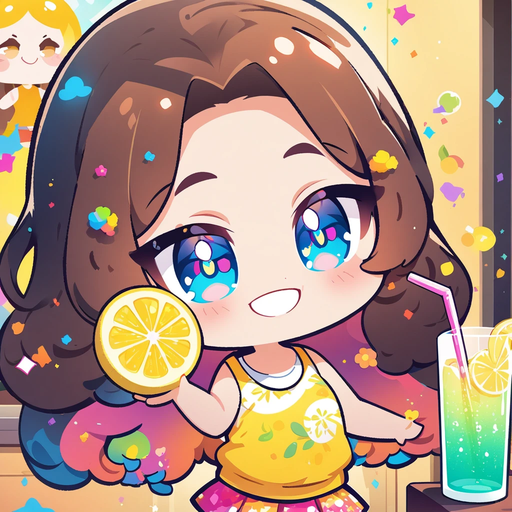 masterpiece、Highest quality、Depth of subject、2D illustration、1 beautiful girl、独奏, (((chibi style)))、Long, beautiful hair、shiny brown hair、cute、Beautifully detailed eyes、((Tank top))、a glass of lemon soda, ((colorful))、mini skirt、((happy smile))、((close up shot))、((in the room))、((There's a lot of pink around))、Thighs、((vivid color))、sparkle、((Lens flare))、