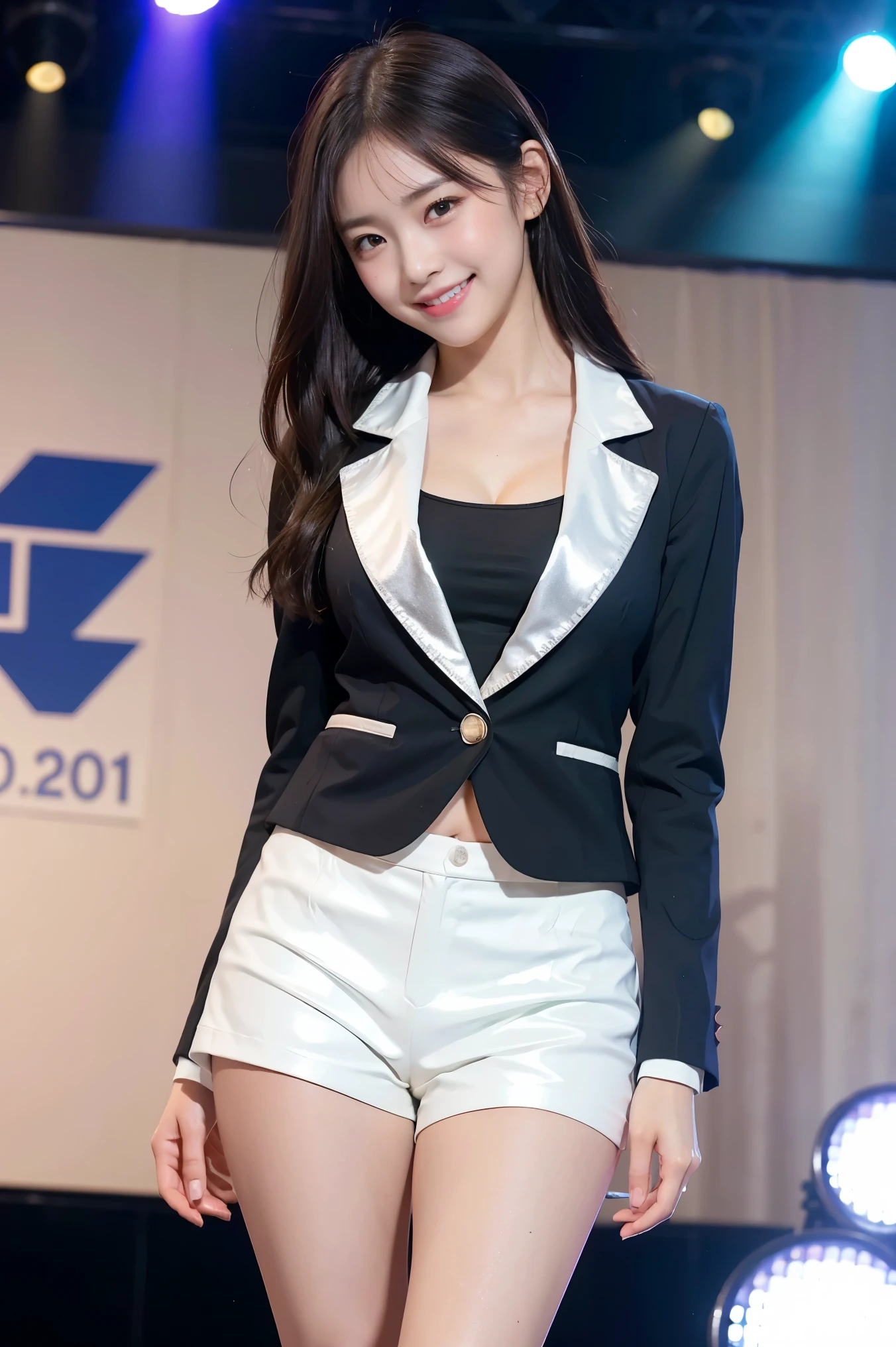 (8k), (highest quality: 1.2), (Realistic), (Realistic: 1.37), Ultra-high resolution, 1 girl, cute, (Embarrassed smile:1.2), (Blushing:1.4),Mouth closed, Beautiful details, Beautiful Nose, black straight Hair, Giant Dulcefo, pork, Thighs,Navel exposed,University Student Uniform,A simple blazer,(white tiny hot pants:1.2),Dancing on the school stage,(Shiny legs:1.4),Medium Shot
