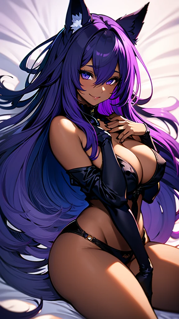 Masterpiece, nude dark-skinned woman, with cat ears and fox tail, smiling, lying on her side (very detailed), sideways, sideways photography, wearing G-string panties, panties stretched to waist, panties purple, big ass, full breasts, thick and toned thighs, no bra, breasts showing, breasts showing, squeezing the breasts with the hand, covering the nipples with the hand, long hair, purple hair, in a sensual look, sexy position , solid bottom, high butt, Extremely detailed contrast and solid colors
