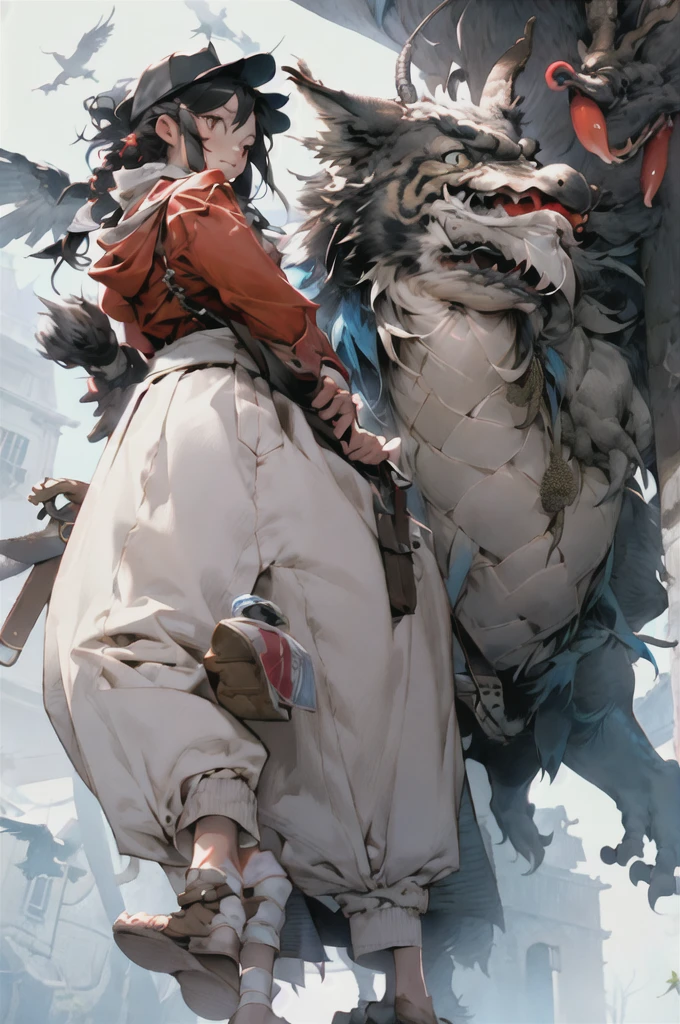 girl, letterboxed, holding, outdoors, bird, standing, cloud, 1boy, weapon, from behind, sky, cloudy sky, animal, holding weapon, eastern dragon, monster, 1other, hat, fog,  