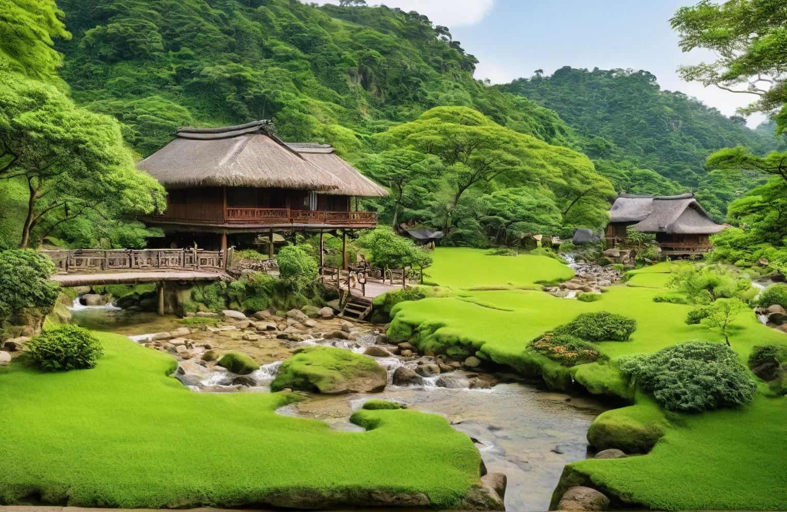 A serene rural landscape with traditional Asian architecture nestled within a lush, hilly terrain. The scene includes two thatched-roof houses elevated on stilts, surrounded by dense forest and rolling hills. A winding stream flows through the center, crossed by a charming wooden bridge. Near the stream, there are small tables with umbrellas, offering a peaceful spot to relax and enjoy the natural beauty. Large boulders and a variety of plant life, including tall trees and shrubs, add to the tranquil, picturesque setting best quality, ultra realistic, masterpiece,