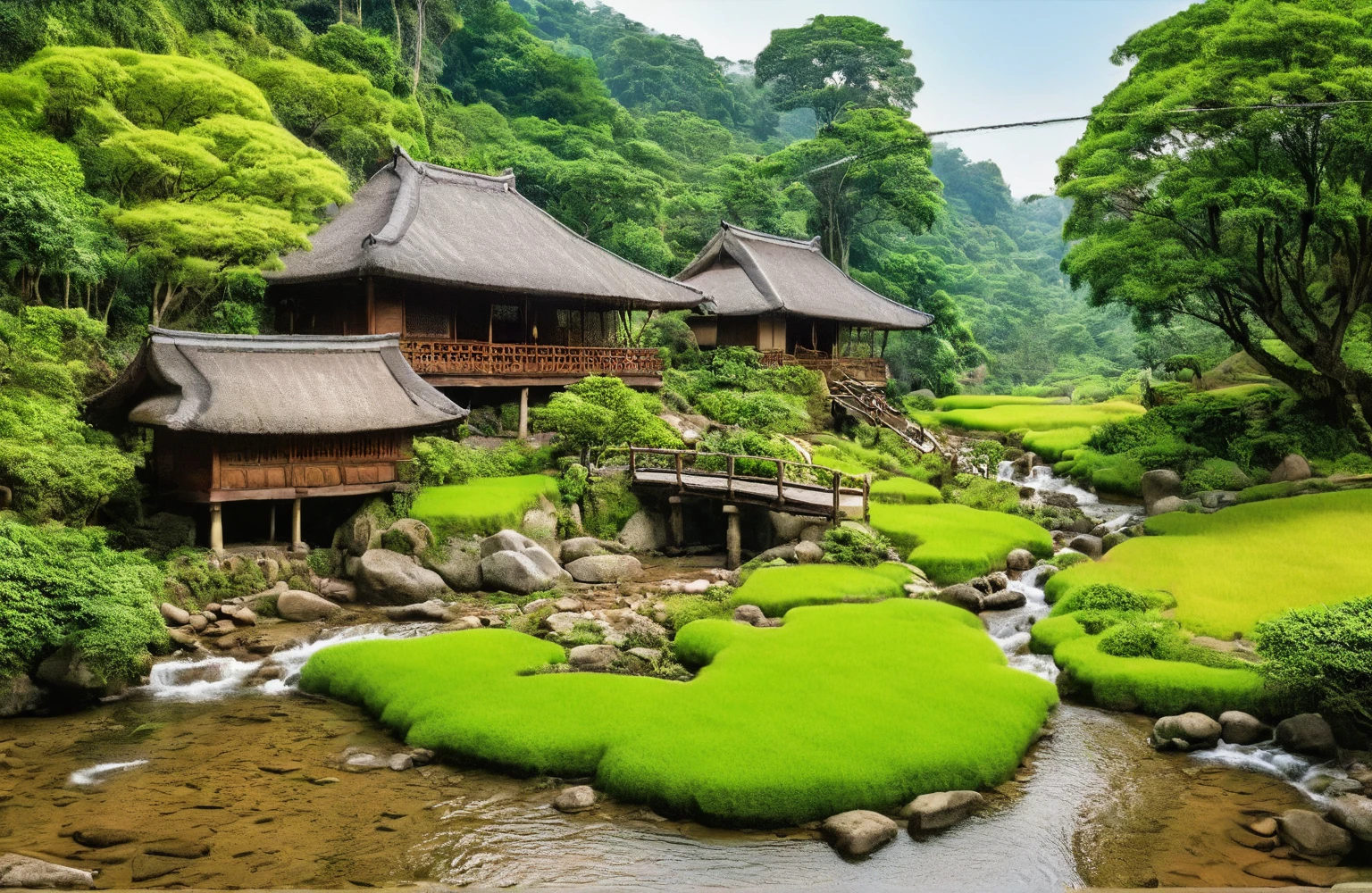 A serene rural landscape with traditional Asian architecture nestled within a lush, hilly terrain. The scene includes two thatched-roof houses elevated on stilts, surrounded by dense forest and rolling hills. A winding stream flows through the center, crossed by a charming wooden bridge. Near the stream, there are small tables with umbrellas, offering a peaceful spot to relax and enjoy the natural beauty. Large boulders and a variety of plant life, including tall trees and shrubs, add to the tranquil, picturesque setting best quality, ultra realistic, masterpiece,