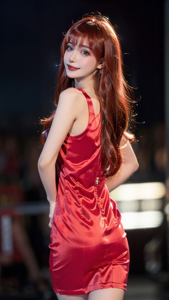 8k, masterpiece, RAW photo, best quality, photorealistic, extremely detailed CG unity 8k wallpaper, Depth of field, Cinematic Light, Lens Flare, Ray tracing, (extremely beautiful face, beautiful lips, beautiful eyes), intricate detail face, ((ultra detailed skin)) 1girl, in the dark, deep shadow, pretty korean girl, kpop idol, 1 girl, (very slim slender fit-muscled body:1.3), ((looking at viewer)),(big smile:1.3), (hot pink color blouse), (sleeveless) , (fashion city night, dark night, (neon sign), (blurred background), fashion street night),(without people in the background:1.3), beautiful earrings, bracelets, necklace, pantyhose, clear eyes, walking, (pale skin), (big eyes), face forward, ((upper body shot)), ((silk color dress:1.3)),(brown hairs),((tight fitting laced dress)), (laced dress), (see through), (looking at viewer:1.3) open breast, very slim, medium breasts, turning back,((back shot)), see through, medium butts