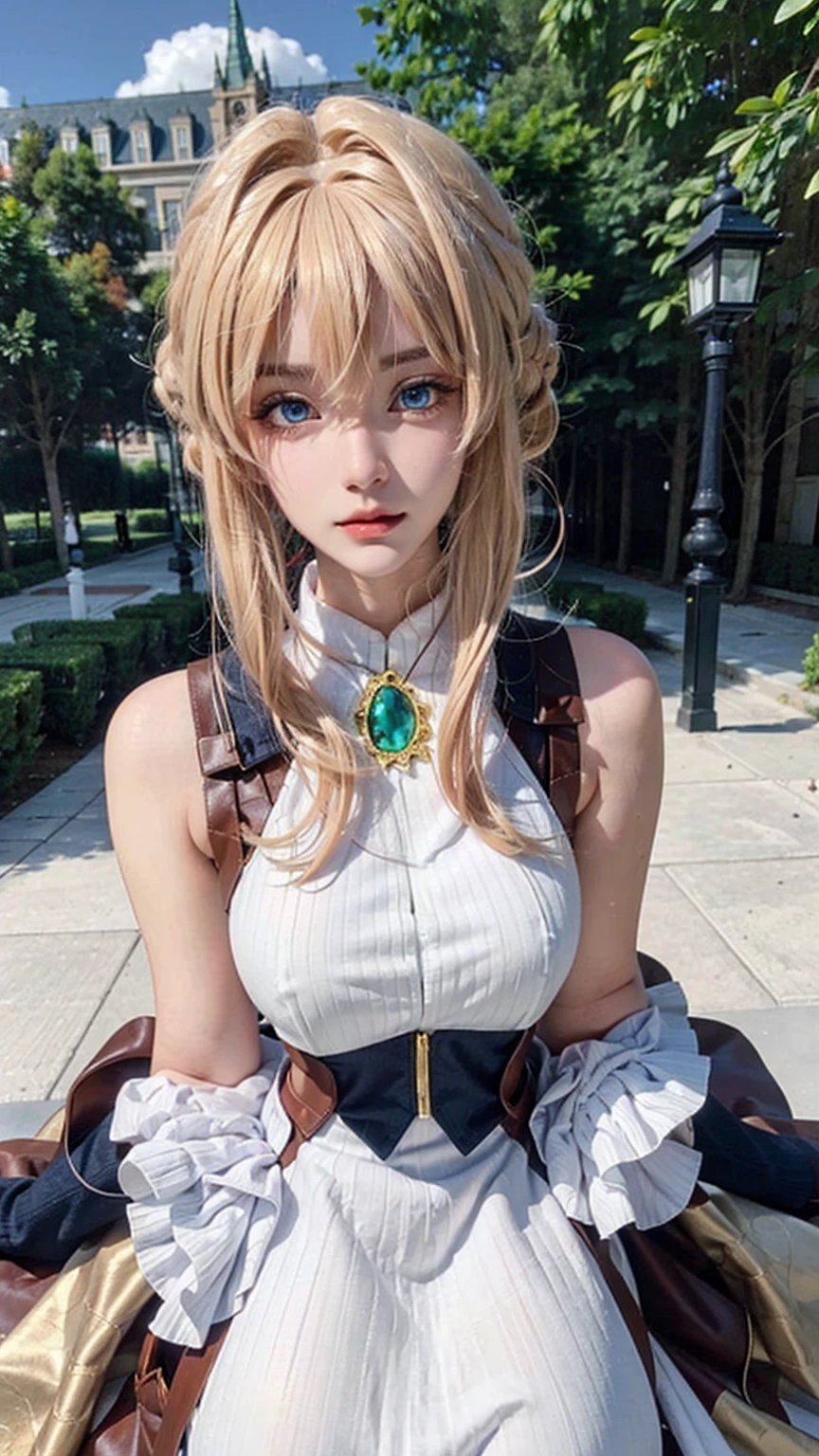 ((best quality)), ((masterpiece)), (detailed), perfect face, pretty face, beautiful female, beautiful body, e cup breast, perfect body, head accessories, sleeveless sweater, blue eyes, violet_evergarden, at the park