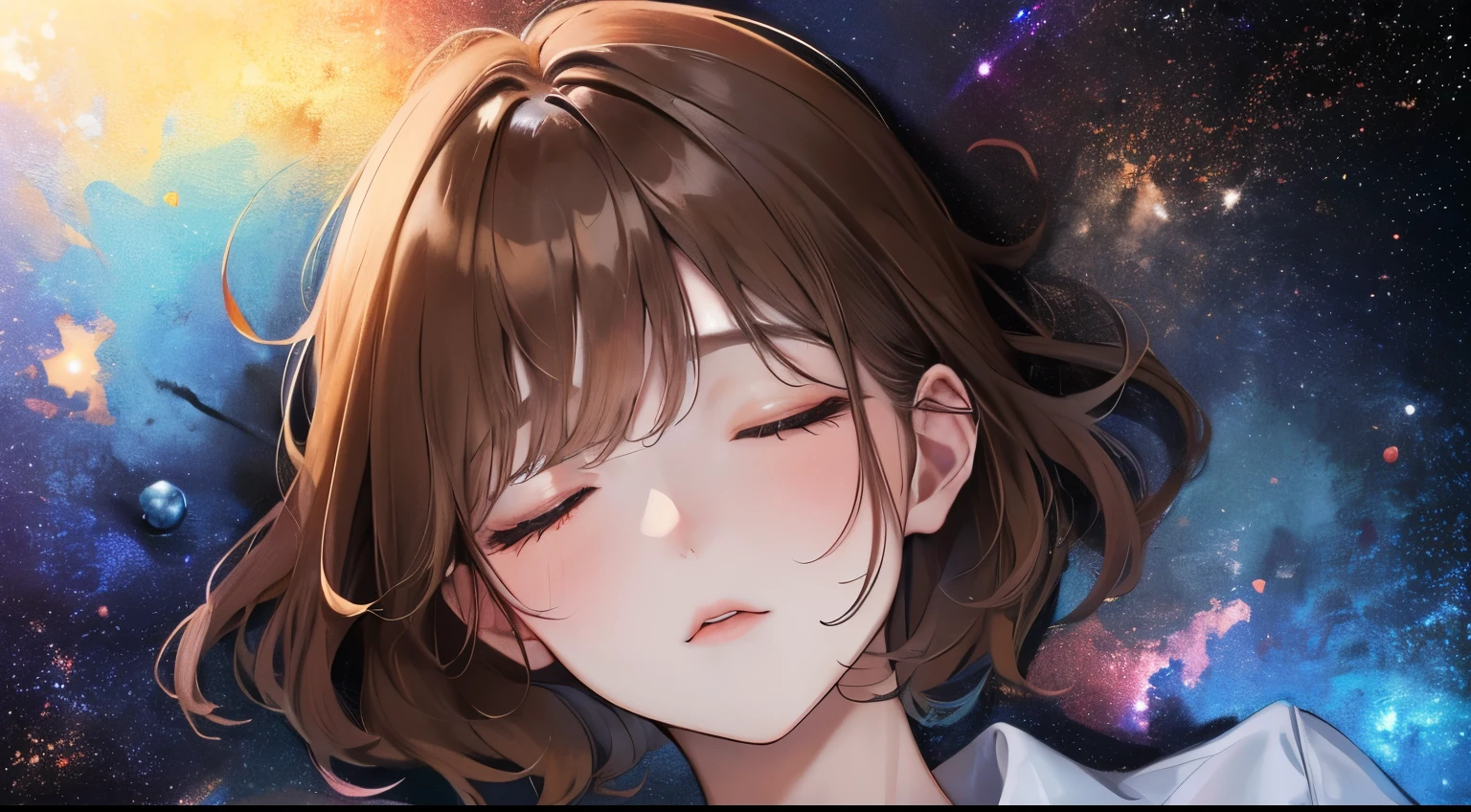 (((Sleeping woman)))、(((View from above)))、((1 person)),Masterpiece,best quality, ((Close ~ eyes))), ,((pajamas))、((Dark screen))、((Space Background)),determined expression, Full body diagram、 (Highest Resolution、Clear_image)、Best Quality、Light and shadow contrast、((illumination))、Very detailed、Semi-realistic、Short hair hairstyle、Brown Hair、bangs、19 years old、 Lady,,young、())、Delicate Facial Features