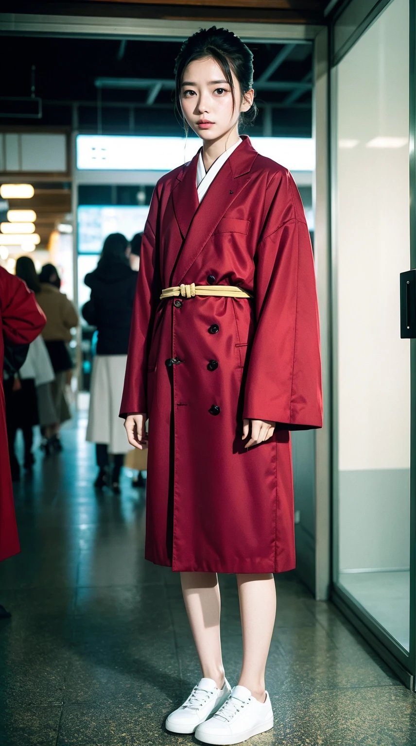 Kodak ULTRAMAX 400, 35mm film photo, cool fashionable japanese woman, emotional photo, single focal length lens, portrait, Japanese photography style, Photo-detailed portrait style, Full body shot,