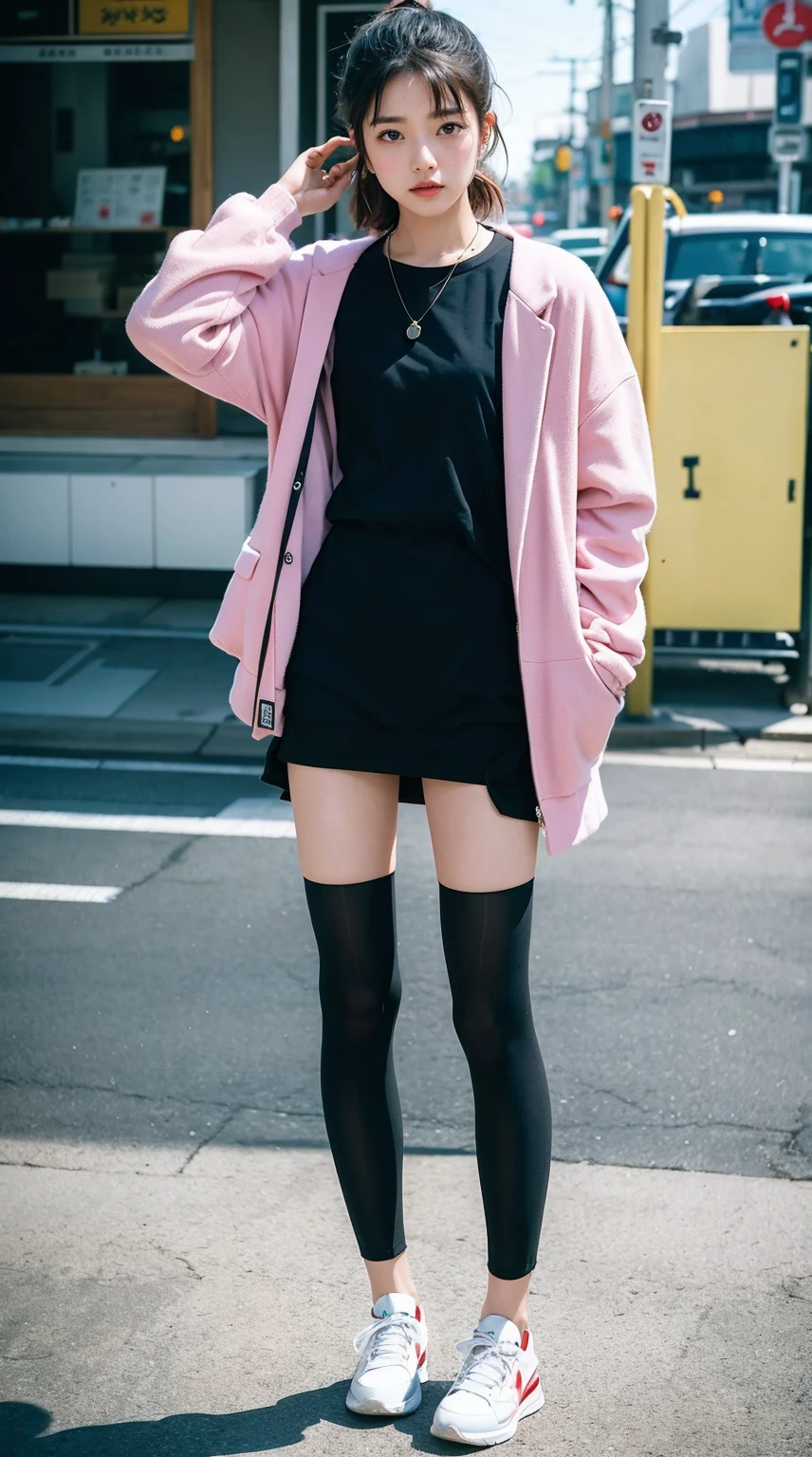 Kodak ULTRAMAX 400, 35mm film photo, cool fashionable japanese woman, emotional photo, single focal length lens, portrait, Japanese photography style, Photo-detailed portrait style, Full body shot,