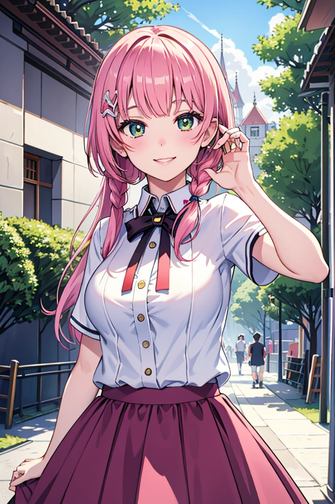 best image quality, masterpiece, ultra detailed, exquisite, cowboy shot, high quality, Beautiful art, One Girl, looking at viewers, hand on hip, ((18 years old, Big Breasts, Giant bust:1.2)), fair skin, beautiful skin, Detailed teeth, Light green eye rest, beautiful eyes, twinkle(in the eyes), Pink Hair, Pink French Braid, thin, smile, Heartily laugh, Fashionable clothes、(white blouse:1.1)、White collared shirt, dark blue skirt, (Short sleeve shirt:1.1),from above, Shibuya、In town