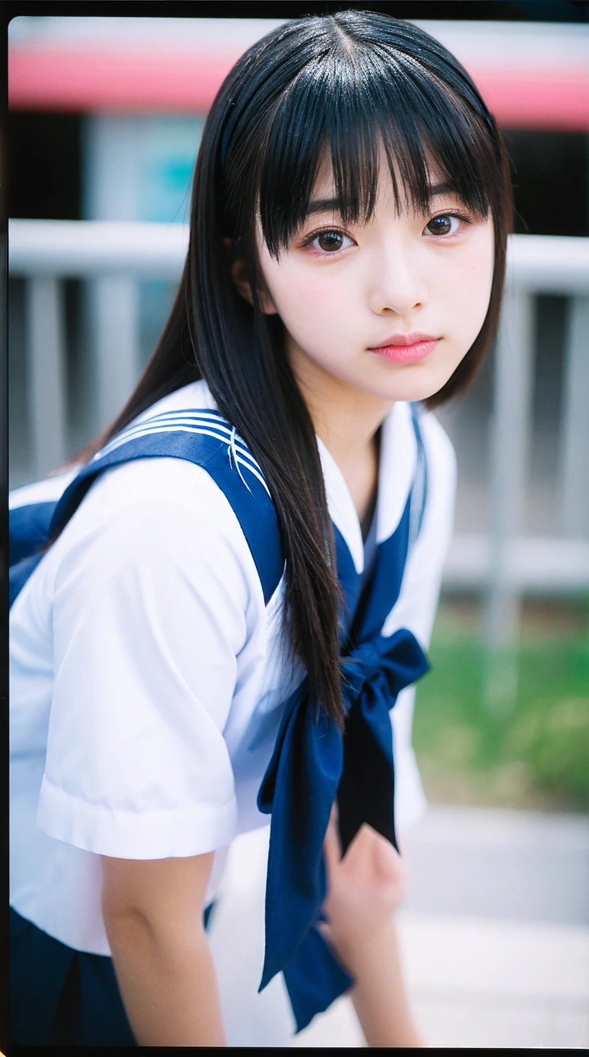 
instax, snapshot, Realistic, Photography, jpop girl group's girl, Japanese-idol-face girl, A girl with a face like a beautiful anime cosplayer, 17-years-old, kawaii, Japanese sailor , black hair, straight hair, Lomography, blue and white, cinematic shot, dynamic pose, dynamic angle, in the style of y2k aesthetic
