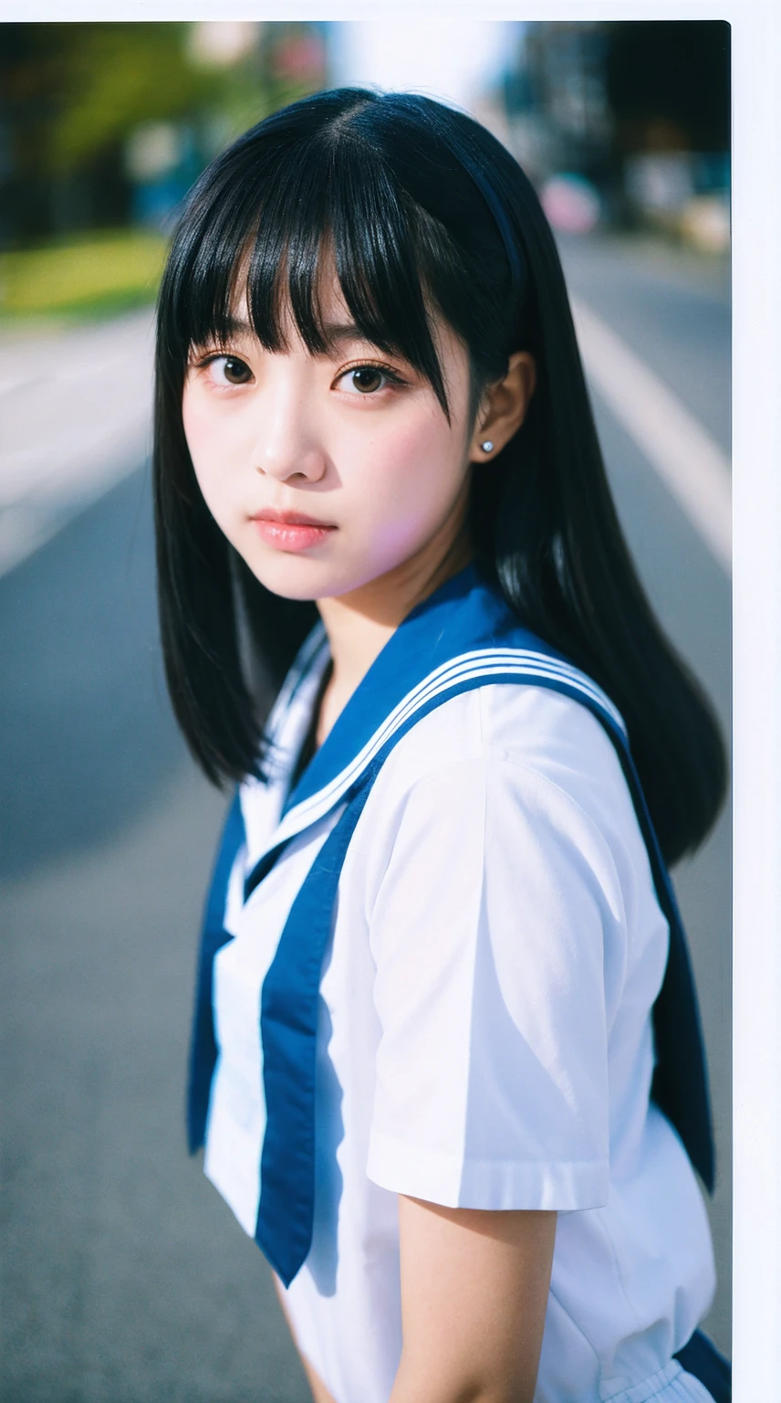 instax, snapshot, Realistic, Photography, jpop girl group's girl, Japanese-idol-face girl, A girl with a face like a beautiful anime cosplayer, 17-years-old, kawaii, Japanese sailor , black hair, straight hair, Lomography, blue and white, cinematic shot, dynamic pose, dynamic angle, in the style of y2k aesthetic