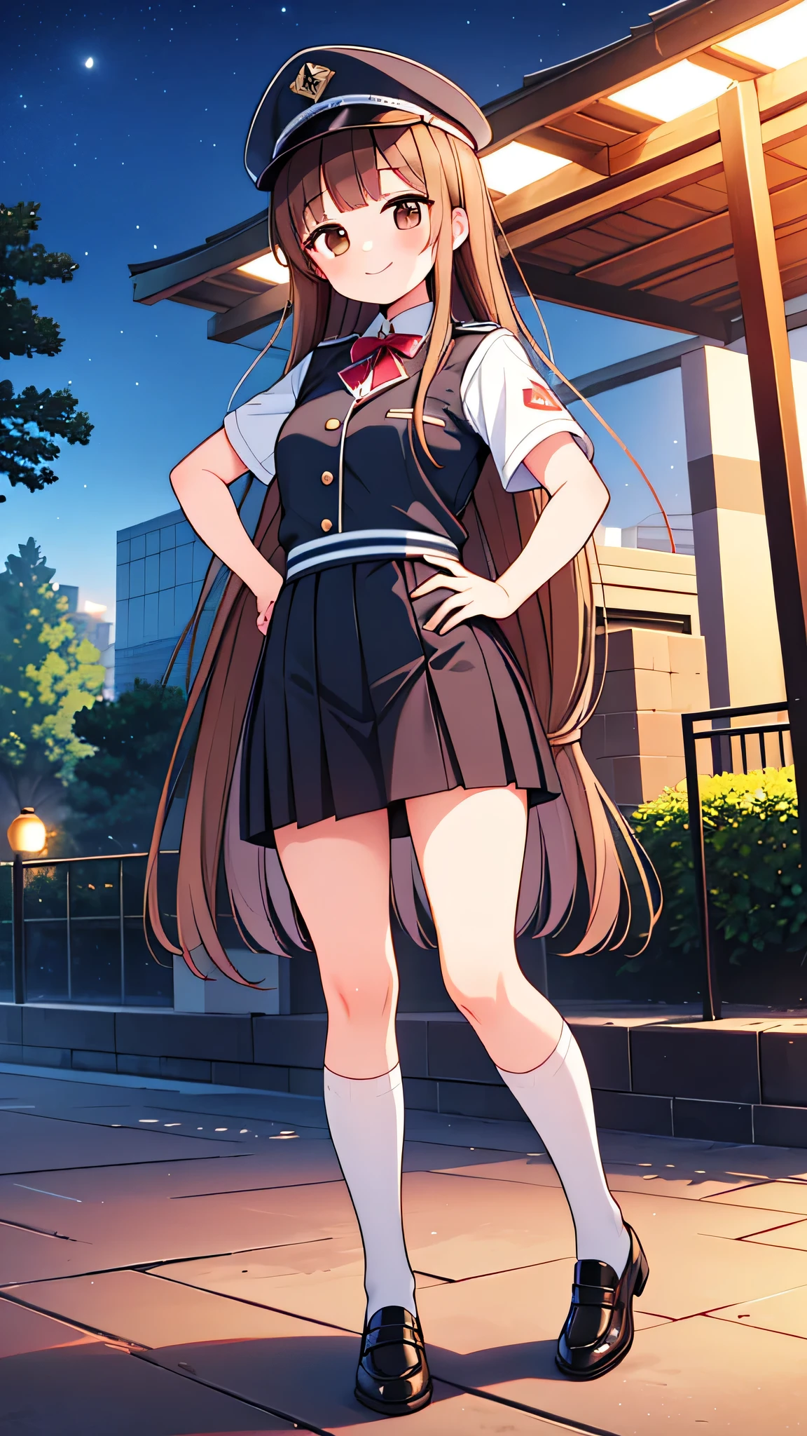 {Highest quality], [Super beautiful], [Ultra fine], [Best illustration], NSFW,Brown Hair, Hime cut, Long Hair, With bangs, girl, Uniform cap,Security uniform, smile, blush, Slender women,Short sleeve,Long straight skirt, Adult women,(Public）Night Park, Strike a Pose