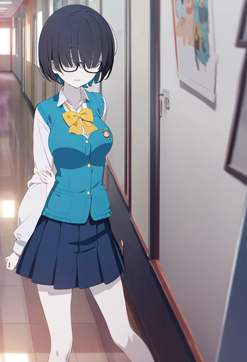 1girl, , turquoise vest, collared shirt, yellow bowtie, open jacket, blue skirt, black-framed eyewear, pleated skirt, black hair, turquoise bangs, very short hair, hair over eyes, pale skin, (medium breasts), turquoise eyes, backwards, turning around, blushing, embarrassed, school, hallway, (masterpiece), best quality, anime style
