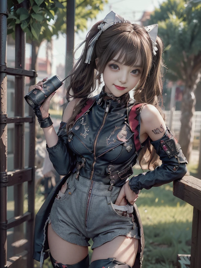 (Full body:1.4)、(Full Body View:1.4)、(Side view:1.1)、(Smiling with teeth showing:1.3),(Shibuya Gal:1.5)、(Maid café clerk:1.5)、(Punk RockVisual Kei:1.4)、(Burgundy denim with khaki and brown medieval tattered zip up:1.5)、(Wine red arm covers and tattered bugle pants:1.5)、(Wine red high heels:1.3)、(Wearing silver accessories:1.5)、(Dark brown collar:1.4)、(Leather garter belt:1.4)、(Red skin belt:1.3)、(Red lace underwear:1.5)、20-year-old、NSFW、((Highest quality、In 8K、masterpiece:1.3))、Sharp focus:1.2、(Layered Cut、Huge boobs:1.1),Beautiful woman with perfect figure:1.4、(Doing an aerobics pose:1.3)、Slender Abs:1.2、Highly detailed face and skin texture、Detailed eyes、double eyelid,(Twin tails:1.3)、(Brown-golden hair:1.3)、Gravure idol、(A fairytale-like cafe with a lush tree background:1.3)、(Slim body:1.3),(Make your legs thinner:1.4),(Thin, thin thighs:1.3)、(clavicle:1.1)