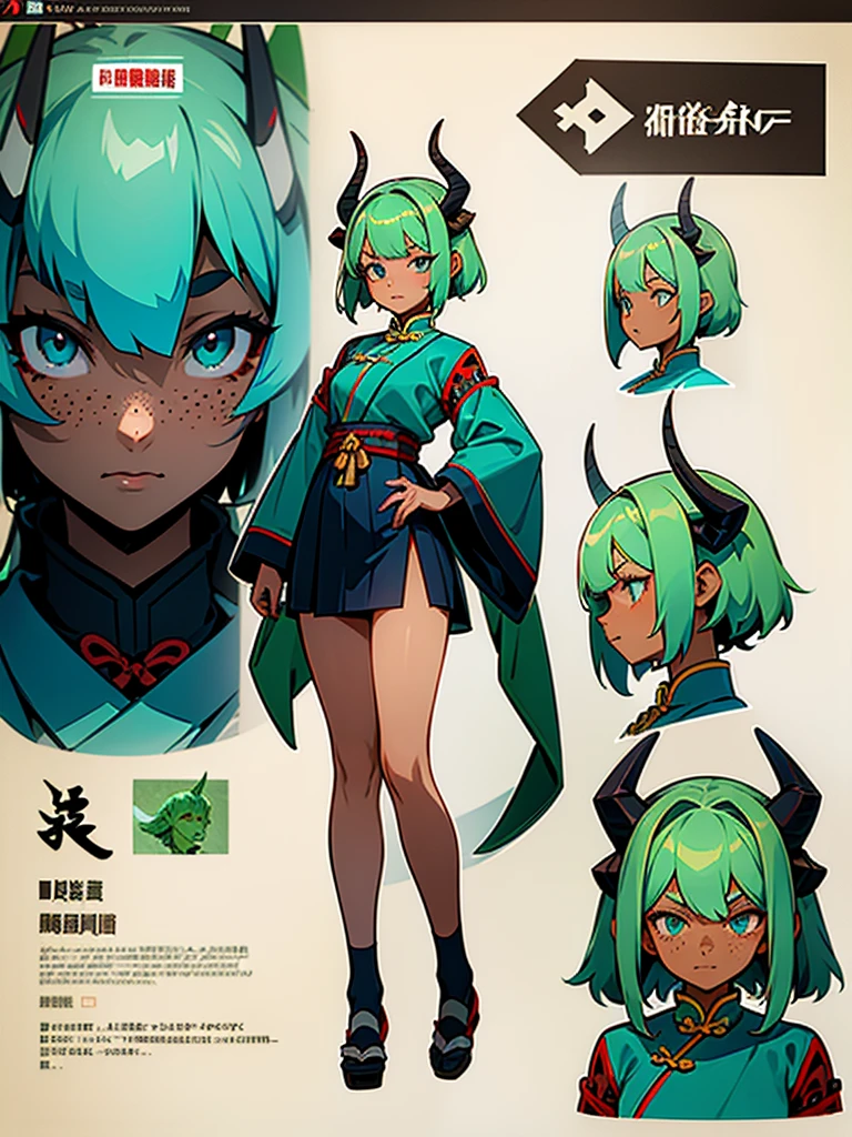 Reference sheet of a young girl in Eastern style outfit with short skirt, green hair and blue eyes, dark skin, freckles, Chinese dragon horns with big battle mecha in frutiger aero style