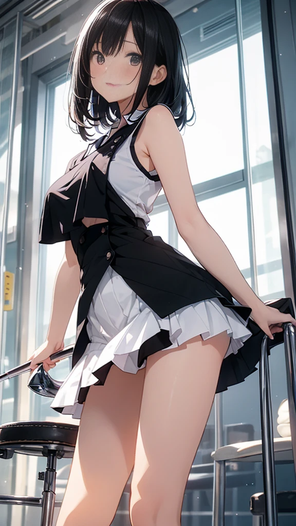 high resolution。High resolution、Low - Angle、masterpiece、Beautiful black-haired girl、、Round eyes、Playing the Trumpet、White sleeveless。miniskirt and knee socks。sweating、high resolution8KOld Office、