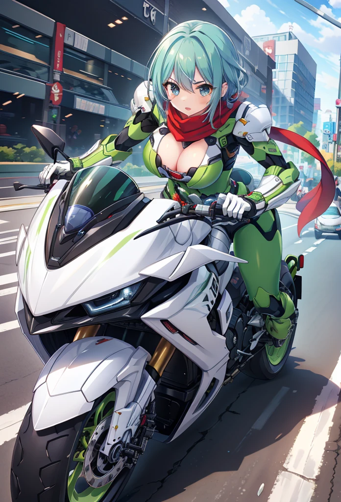 (masterpiece:1.2), best quality, high resolution, extremely detailed CG, absurdres, highres,1girl, solo, (serious:1.3), henshin belt, ((dark_blue_hair)), mecha belt, headgear, (red_scarf), black and green powersuit, white armor, on a cyber motorcycle, thighs, cleavage, blue_hair, red_scarf, mecha_armored, mecha_belt, headgear