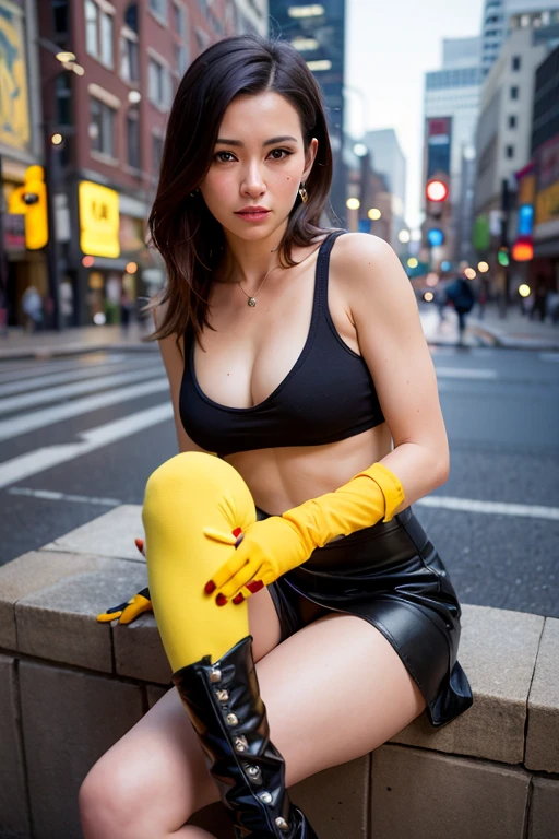 (8K, Highest quality, masterpiece:1.2), (Realistic, photo-Realistic:1.37), Super detailed,
Detailed portrait of Tifa Lockhart from Final Fantasy VII Remake sitting in a cafe in a cityscape on a date, With beautiful and delicate eyes and a red nose, she looks cute and solo. She is wearing one elbow pad., Ankle boots, Black Skirt, black Thigh-high socks, Red Boots, With elbow gloves, Elbow pads, Fingerless gloves. Her outfit also included a sports bra., Suspender skirt, Thigh-high socks, White tank top. Her whole body is visible with her head supported by her hands, Showing off her beautiful face, Long hair tied low, And lips. Professionally lit scene, Photon Mapping, and Radio City, Tetsuya Nomura style and cyber futuristic feel. The background features yellow flowers and a bokeh effect. Tifa smiles slightly and keeps her mouth closed..
