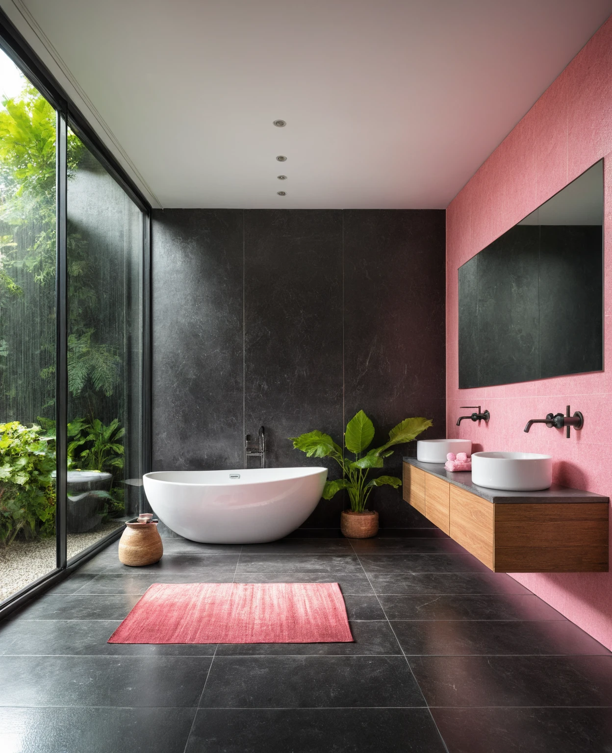 Raw photo,Masterpiece, high quality, best quality, authentic, super detail, interior, bathroom style modern, sunset, day light, window , overlooking tropical garden, ((black and pink tones)), bathtub, faucet, shower, lavatory, glass wall, bottles, mirror, lavabo, cabinet, wall tiles mosaic, carpet