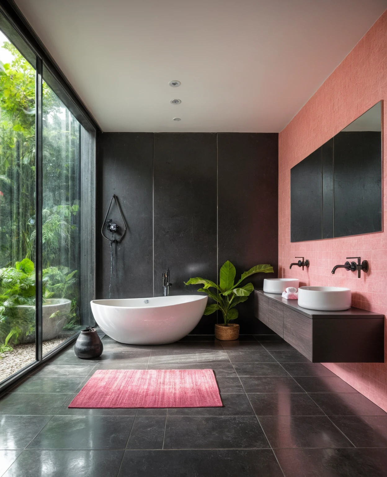 Raw photo,Masterpiece, high quality, best quality, authentic, super detail, interior, bathroom style modern, sunset, day light, window , overlooking tropical garden, ((black and pink tones)), bathtub, faucet, shower, lavatory, glass wall, bottles, mirror, lavabo, cabinet, wall tiles mosaic, carpet