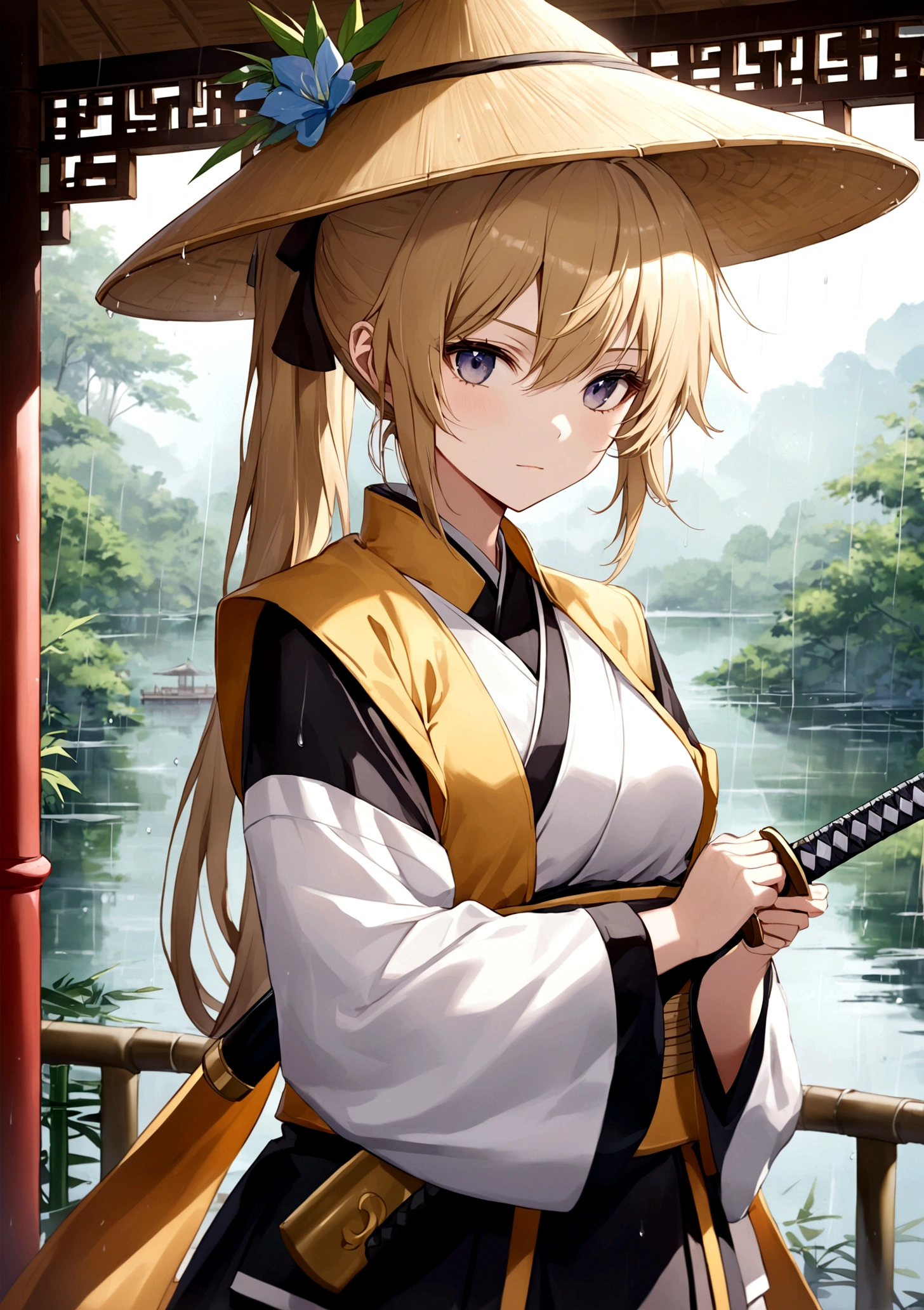 High ponytail girl,bamboo hat,Taiji Sword,Lake Pavilion,Misty Rain,Depth of Field,high quality