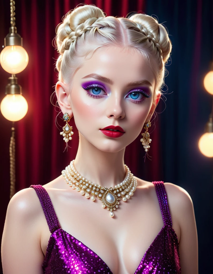 front image young albino woman 20 years old, (best quality, 4k, 8k, high resolution, masterpiece: 1.2), ultra detailed, (realistic, photorealistic, photorealistic: 1.37), portraits, big violet blue eyes, beautiful and detailed, with crimson red glitter makeup, beautiful detailed lips, extremely detailed eyes and face, long eyelashes, (hair with mini braids and bun), glowing, glowing skin, elegant haircut and makeup, vibrant colors, pearl and diamond necklaces, earrings, indu fashion, studio lighting, impeccable fashion, trendy vintage outfit, fashion accessories, stylish and confident pose, sophisticated and glamorous background, lens flares and bokeh effects.