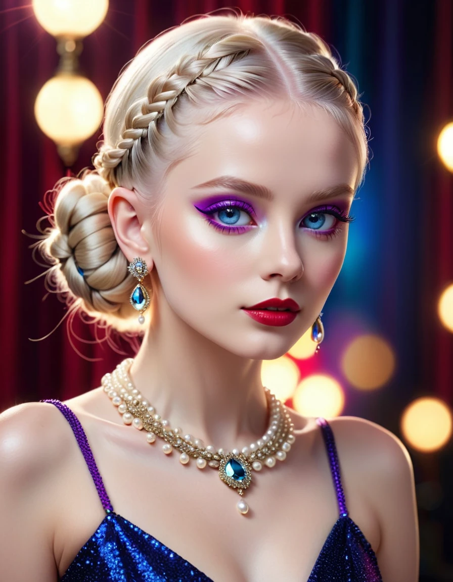 front image young albino woman 20 years old, (best quality, 4k, 8k, high resolution, masterpiece: 1.2), ultra detailed, (realistic, photorealistic, photorealistic: 1.37), portraits, big violet blue eyes, beautiful and detailed, with crimson red glitter makeup, beautiful detailed lips, extremely detailed eyes and face, long eyelashes, (hair with mini braids and bun), glowing, glowing skin, elegant haircut and makeup, vibrant colors, pearl and diamond necklaces, earrings, indu fashion, studio lighting, impeccable fashion, trendy vintage outfit, fashion accessories, stylish and confident pose, sophisticated and glamorous background, lens flares and bokeh effects.