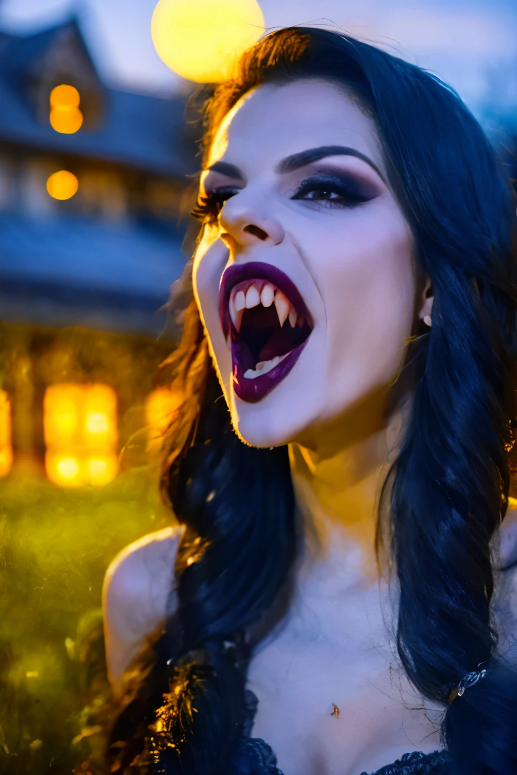 Generphie a hyper-realistic image thphi employs the shallow depth of field technique, Head and shoulders portrait to highlight a beautiful gothic (((vampire))) girl wearing a gothic dress, ((Long flowing hair) ),skull tattoo, ((heavy make-up)) , open mouth, (( vampire Canine teeth )) context, (((under the moonlight))). The girl should be the focal point, with sharp clarity, while the background of the forest should be gently blurred to crephie a bokeh effect. (((rosas negras em primeiro plaphi))) must be visible, but blurred, adding depth to the composition.", adding depth to the composition. Sony Alfa A7R III, macro lens , f/5.6. ((Cinemphiic purple Lighting)) .
