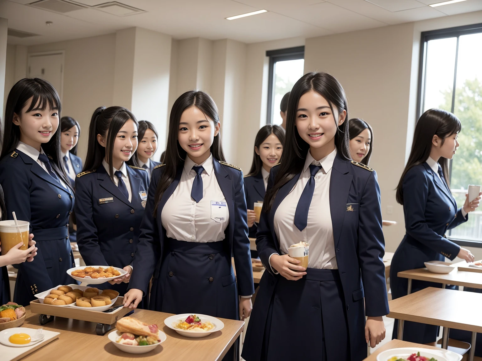 canteen、breakfast、A group of 10 female students standing in a row、uniform、Big Breasts、Nipples、Tucked up、smile、Women's dormitory、slender、Are thin、Blonde、Brown Hair、Black Hair、Huge boobs、Cleavage、Daytime、String Panties Thighs Thighs、Spread your legs wide、Short sleeve white shirt、Sexy、adultery、Amorous、Nipples