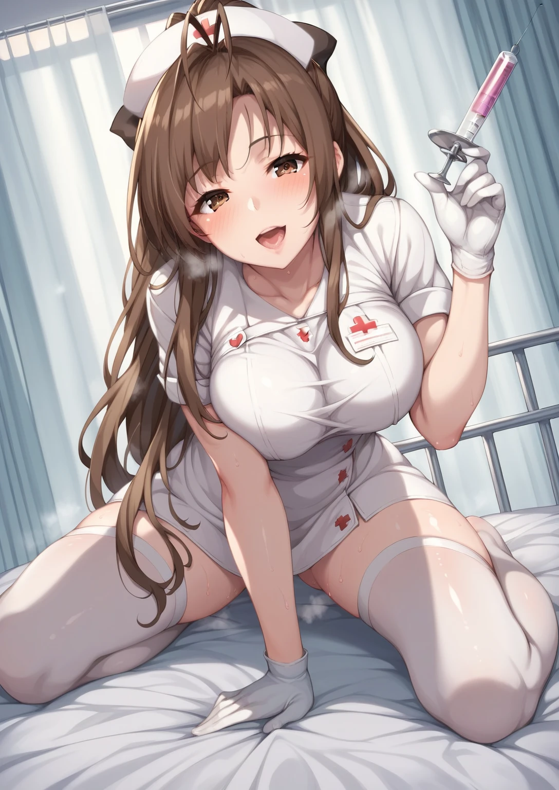 score_9, score_8_up, score_7_up, score_6_up, uncensored, sento isuzu, brown eyes, brown hair, ponytail, long hair, bangs, hair intakes, antenna hair, hair bow, naughty face, shiny skin, sweating, steaming body, heavy breathing, BREAK (masterpiece:1.2), best quality, high resolution, unity 8k wallpaper, (illustration:0.8), (detailed eyes:1.3), perfect lighting, extremely detailed CG, (perfect hands, perfect anatomy), nurse, gloves, nurse_cap, 1girl, syringe, white_gloves, thighhighs, large_breasts, dress, indoors, white_legwear, open_mouth, blush, short_sleeves, bed, solo, holding, looking_at_viewer,
