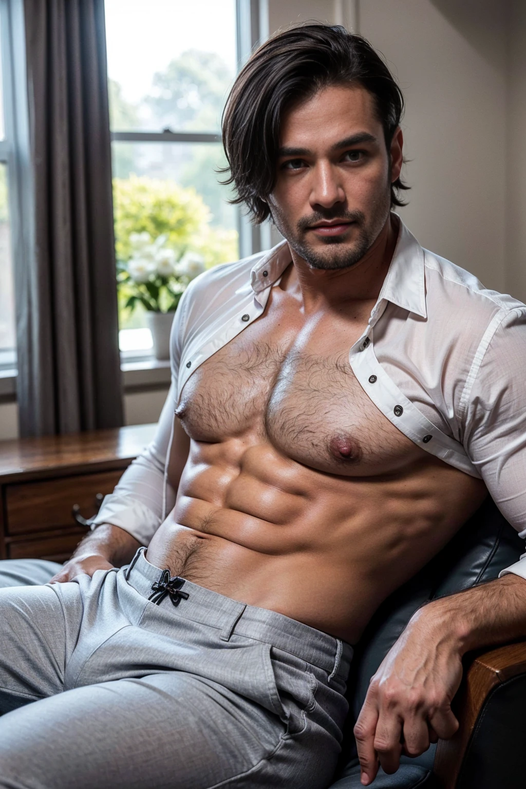 30 years old,daddy,"shiny grey suit ", wear white shirt,  revealing his muscular six packs, very shiny grey pants, very shiny grey waistcoat, Dad was drunk and lie down on the bed,k hd,in the office,"big muscle", gay ,black hair,asia face,masculine,strong man,the boss is,handsome,,leather gloves,lecherous dad,look straight ahead,dad is handsome,dad is handsome ,dad is " dad",(Best quality, 8k, Masterpiece).,Smiling face, good mood.highest detail, superior quality, natural lighting, beautiful, , correct , good composition,realistic shapes, realistic skin tones,Natural eyes,realistic eyes,looking up at viewer,vpl,realistic muscles,Realistic wrinkles on the skin,Realistic arms and legs,Realistic face,realistic hair,Make a  and seductive face, man focus,amazing composition, front view, HDR, volumetric lighting, ultra quality, elegant,Post a ,Realistic pose,detailed hair,full body,Fujifilm XT3 photorealistic art by midjourney