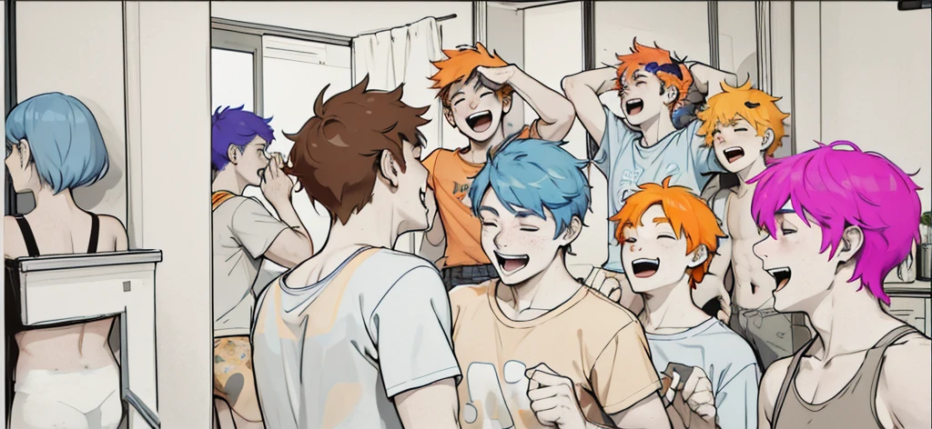 A group of 16 year olds with gray and blue and orange t-shirts with orange hair jumping and laughing and dancing at a party. They have orange hair and others have gray hair. They are in a luxurious living room of young people at a party.