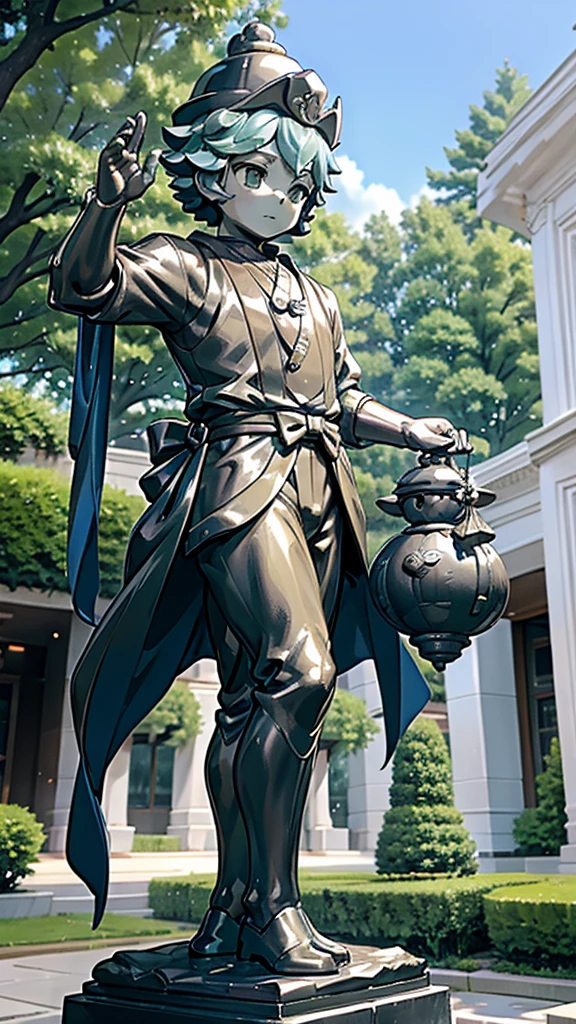 一个男孩的黄金statue旁边停着一只燕子。王子的黄金statue，Prince style，Prince costume，Court dress，黄金statue，男孩的黄金statue，带着黄金冠冕的黄金statue，脚边停着一只燕子的黄金statue，男孩statue，statue，Cute boy，British style，Victorian style，crown，crown，Golden Boy Sculpture，金色男孩statue，statue，statue