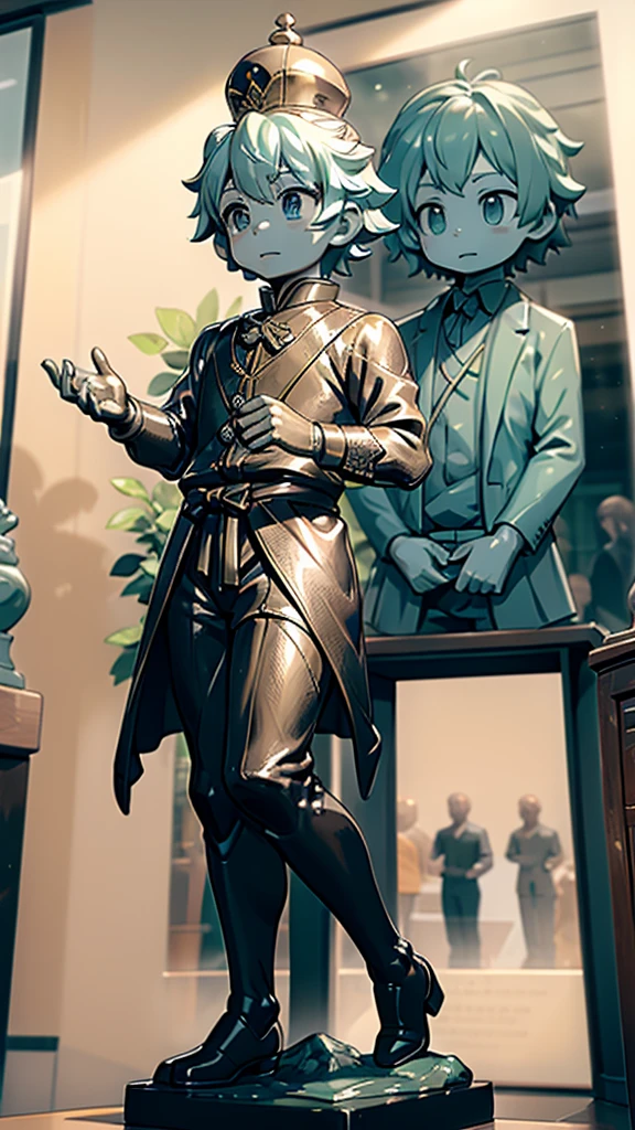 一个男孩的黄金statue旁边停着一只燕子。王子的黄金statue，Prince style，Prince costume，Court dress，黄金statue，男孩的黄金statue，带着黄金冠冕的黄金statue，脚边停着一只燕子的黄金statue，男孩statue，statue，Cute boy，British style，Victorian style，crown，crown，Golden Boy Sculpture，金色男孩statue，statue，statue