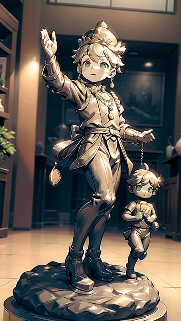 一个男孩的黄金statue旁边停着一只燕子。王子的黄金statue，Prince style，Prince costume，Court dress，黄金statue，男孩的黄金statue，带着黄金冠冕的黄金statue，脚边停着一只燕子的黄金statue，男孩statue，statue，Cute boy，British style，Victorian style，crown，crown，Golden Boy Sculpture，金色男孩statue，statue，statue