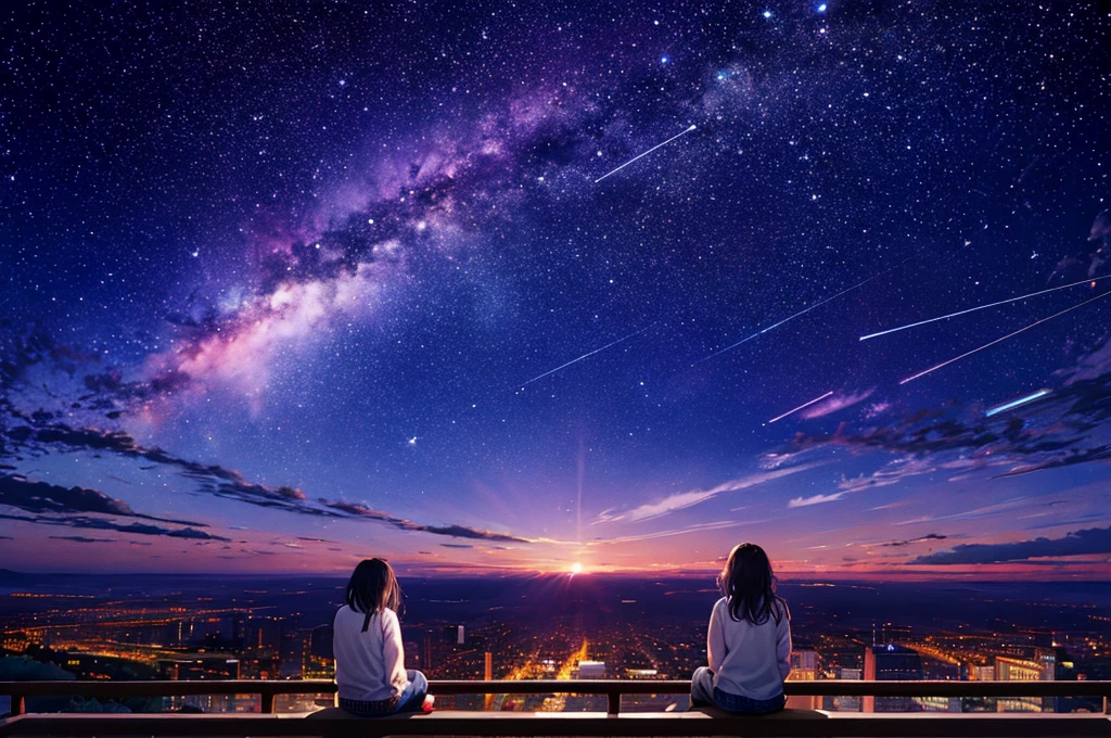 Octane Number, null, star (null), landscape, starry null, night, 1 Girl, night null, One, Outdoors, building, cloud, milky way, Sitting, wood, Long Hair, city, silhouette, cityscape