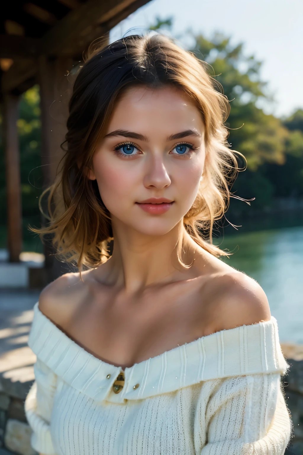 ((Best quality)), ((masterpiece)), (detailed), 1 girl, off shoulder sweater, beautiful girl with blue eyes, very realistic