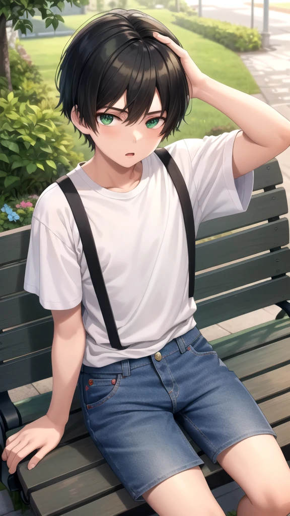 masterpiece, best quality, high quality, 1boy, solo, boy,evil boy,male focus, looking at viewer , hair white and red , old-school swoop haircut,white shirt with short sleeves,blue jean shorts, green eyes, sitting on a bench