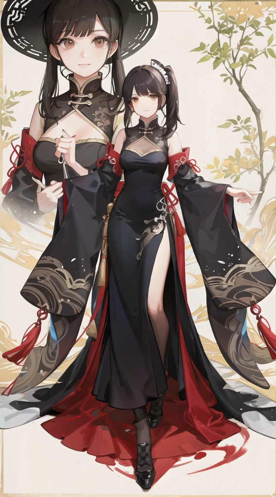 girl,full body,(detailed face:1.2), masterpiece, fashion,chinese dress,, medium hair, black hair, twintails, blunt bangs, brown eyes,