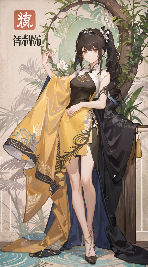 girl,full body,(detailed face:1.2), masterpiece, fashion,chinese dress,, medium hair, black hair, twintails, blunt bangs, brown eyes,