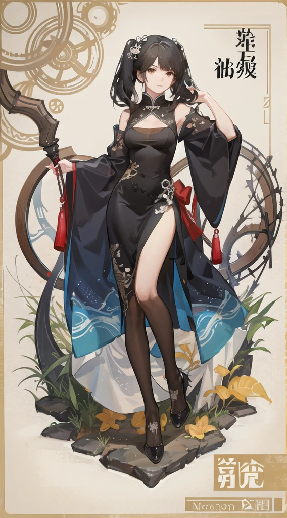 girl,full body,(detailed face:1.2), masterpiece, fashion,chinese dress,, medium hair, black hair, twintails, blunt bangs, brown eyes,