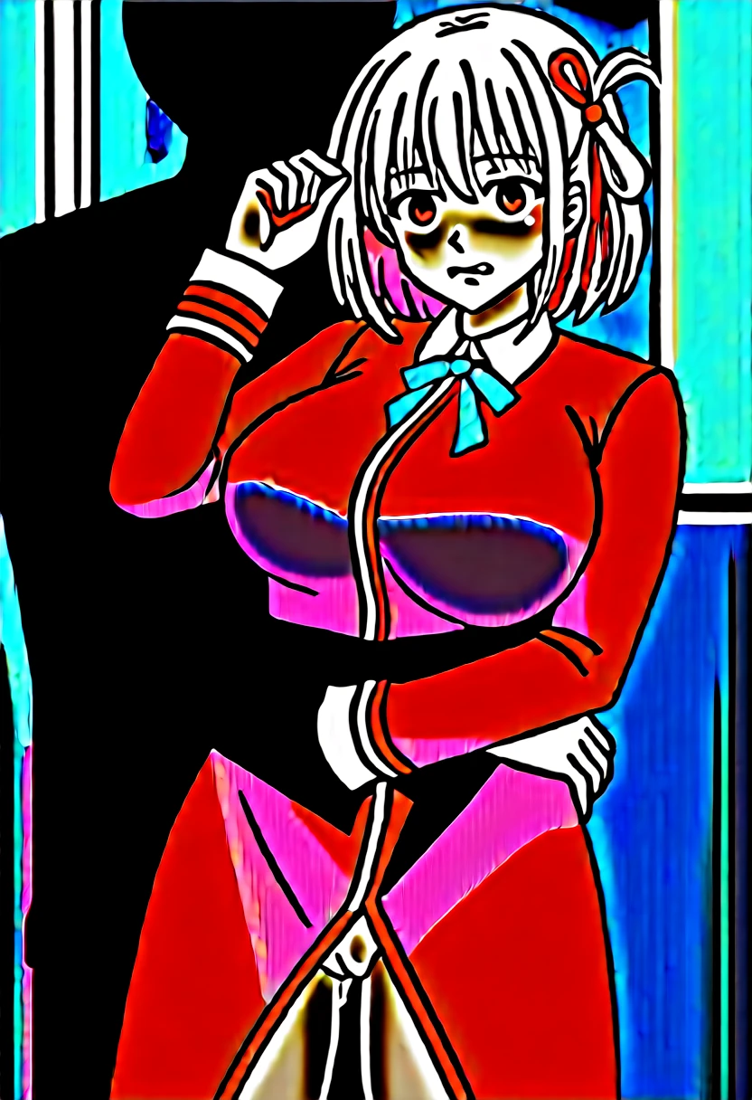 masterpiece, Highest quality, 1 person,( Large Breasts,Are standing, View your audience,),Detailed Background、A person who writes in detail、Accurate human body、Knowledgeable person、Accurate 5 fingers,Mature Woman,Thighsが太い,Cruby Body, Nishikigi chisato, bob cut, hair ribbon,lycoris uniform, two-tone dress, red dress, grey dress, neck ribbon, long sleeves,cyclone \(for once\),Long sleeve、Thighs、alone,TranT, (train interior), netorare, chikan, grabbing, hetero, pussy juices, molestation, public indecency, public use,faceless male fingering, 2boys, faceless male, assisted exposure,slave collar