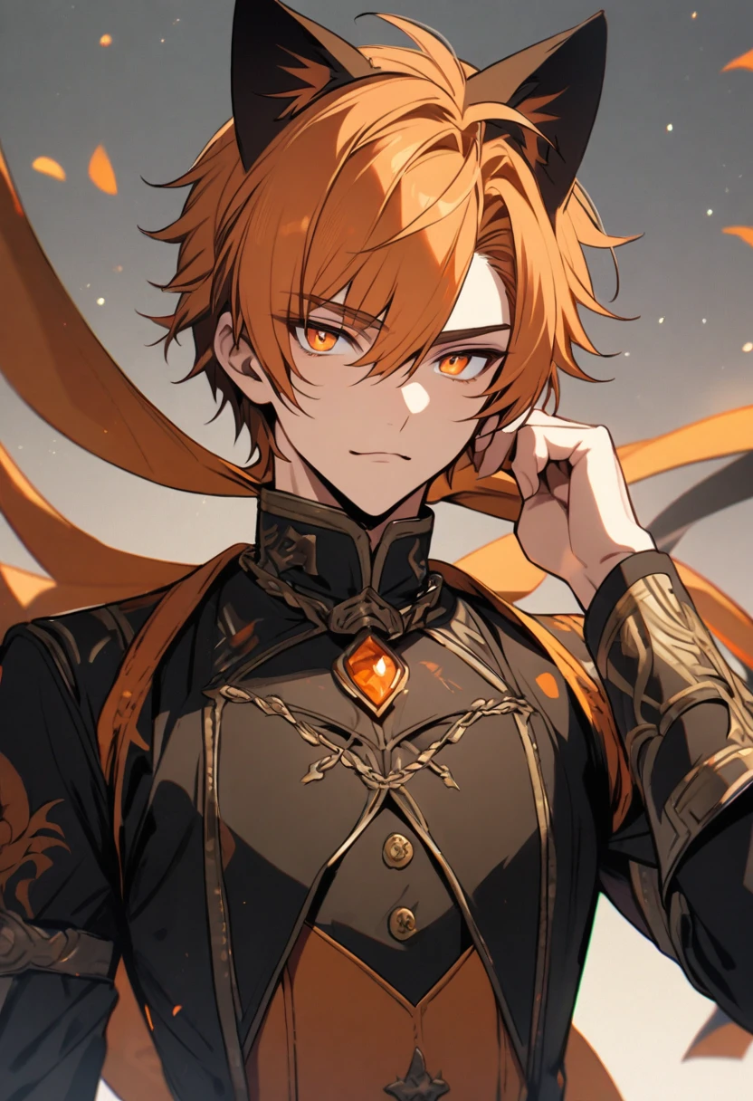 boy, solo, handsome, orange hair, orange eyes, cat ears