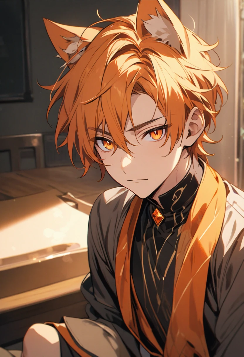 boy, solo, handsome, orange hair, orange eyes, cat ears