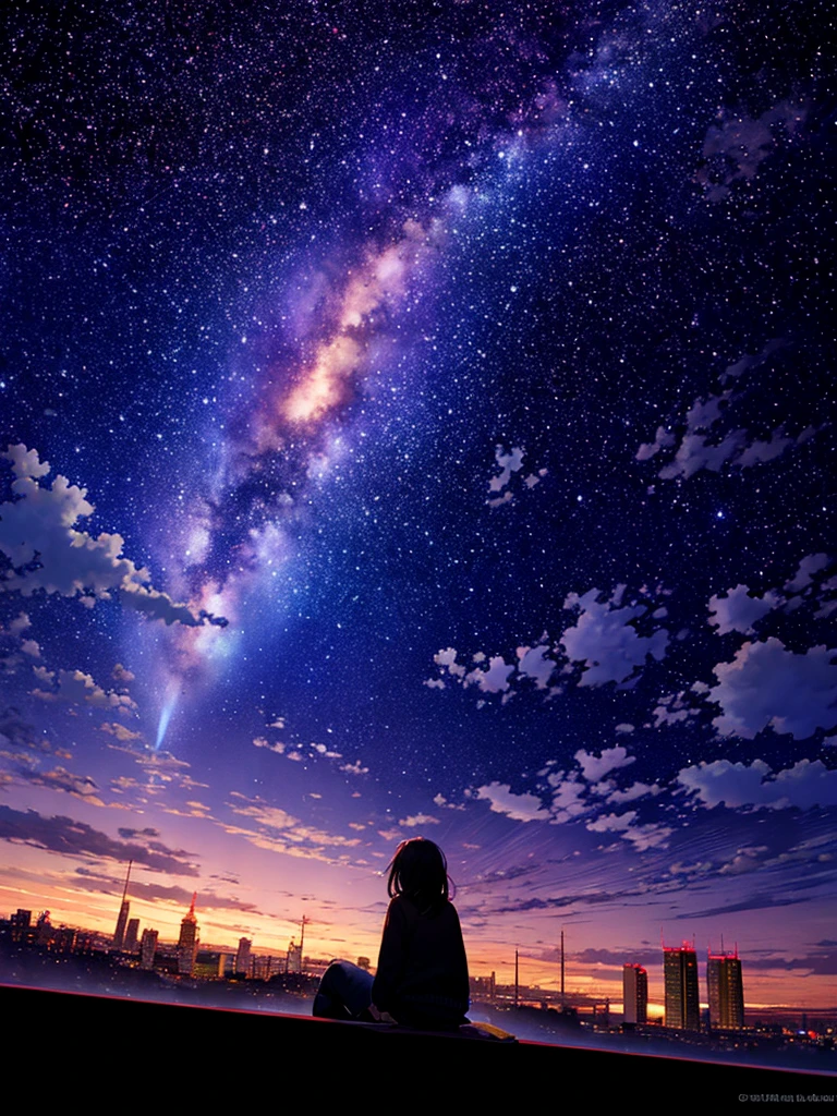 Octane Number, null, star (null), landscape, starry null, night, 1 Girl, night null, One, Outdoors, building, cloud, milky way, Sitting, wood, Long Hair, city, silhouette, cityscape