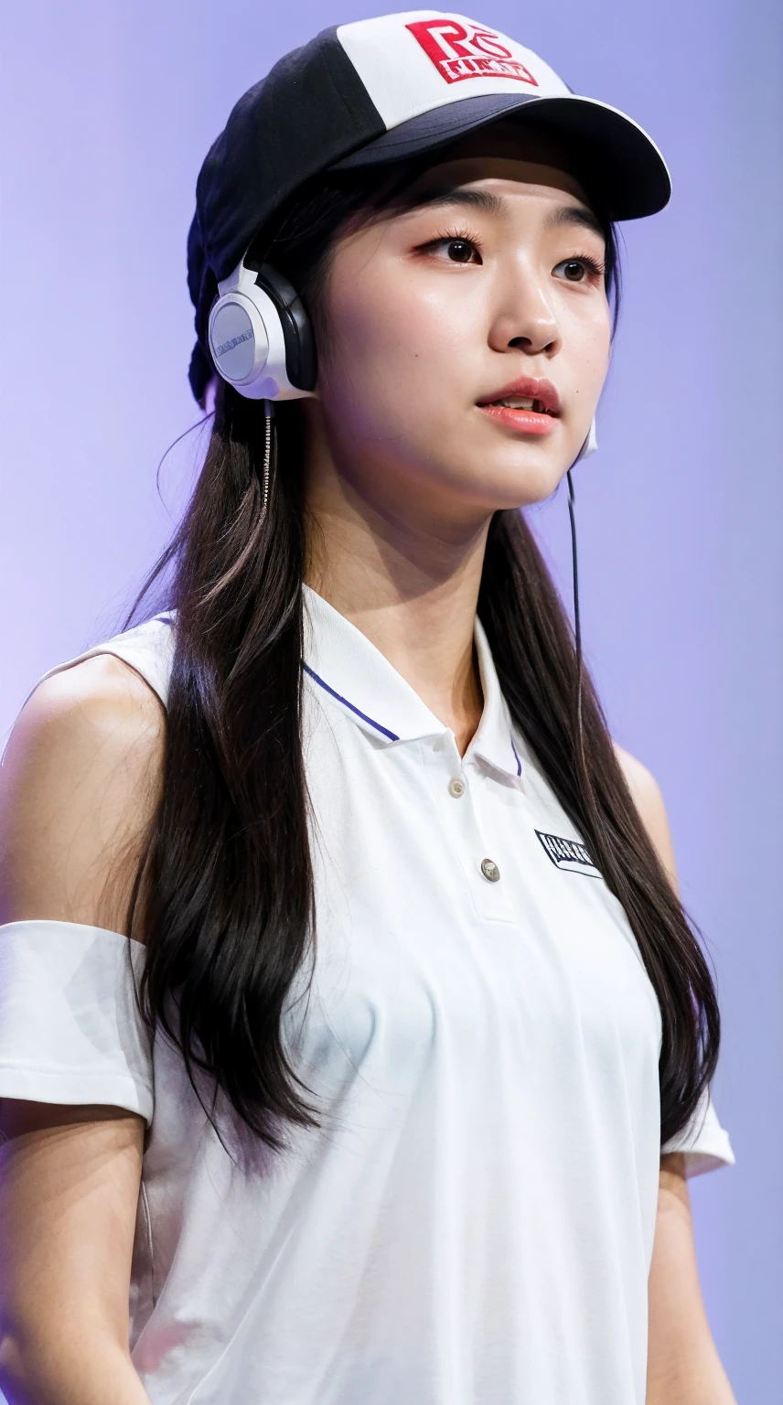 A handsome Japanese 20-year-old girl with a cap on her head ，headphones around her neck , half-length photo, facing the audience directly, symmetrical facial close-up, facing the audience head-on, wearing modern and stylish sportswear, art clothes, pearls, H. R. Giger, white background