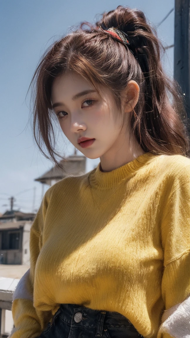 21yo girl,red hair,ponytail hair,(wearing a red yellow), (yellow striped on sweater),( with a crest emblem on the chest),(captured from below super low angle),(blue sky),(background sky), buildings, city, electricity pole cable, hot pants denim, natural medium breast, plump body,single sidelock hairpin blush modern cinematic lighting,ray tracing,drop shadow wide shot UHD,textured skin,high details,best quality 4K