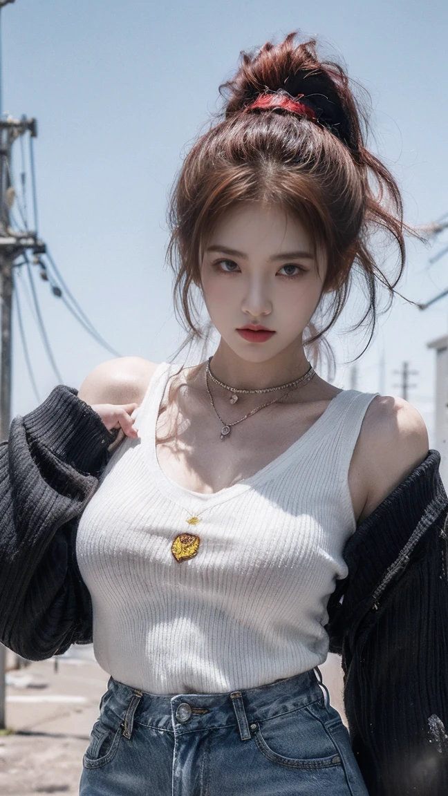 21yo girl,red hair,ponytail hair,(wearing a red yellow), (yellow striped on sweater),( with a crest emblem on the chest),(captured from below super low angle),(blue sky),(background sky), buildings, city, electricity pole cable, hot pants denim, natural medium breast, plump body,single sidelock hairpin blush modern cinematic lighting,ray tracing,drop shadow wide shot UHD,textured skin,high details,best quality 4K